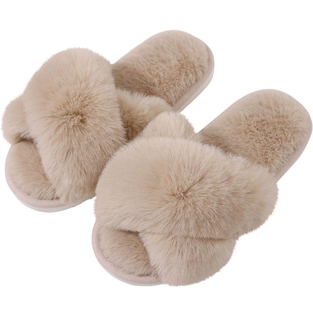 Women's Plush Tan Slippers Open Toe